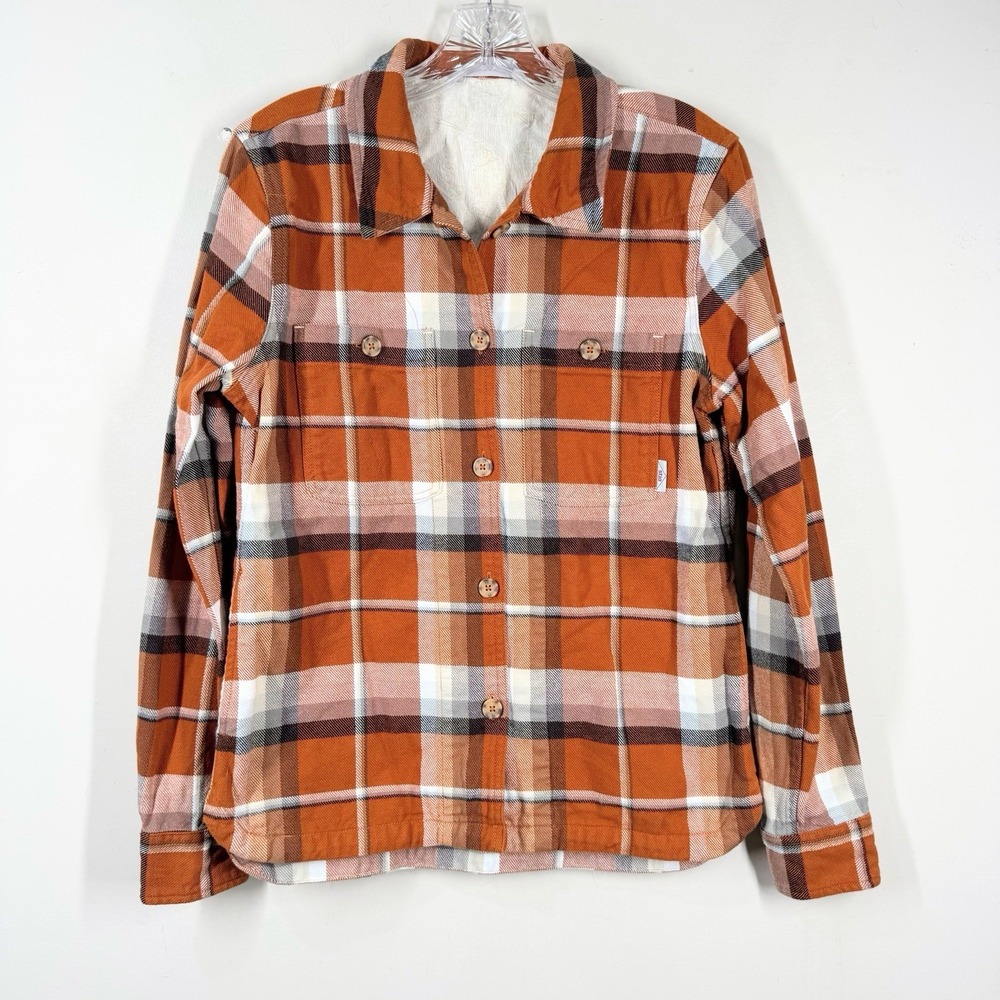 Stio Women's Hutkeeper Heavyweight Plaid Flannel Shirt Orange Sz Small‎